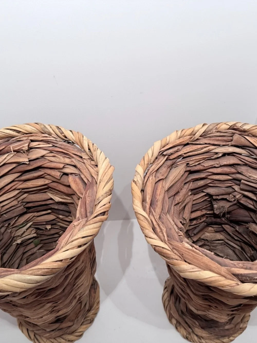 Vintage Pair Woven Wicker Urn Style Pedestal Vases